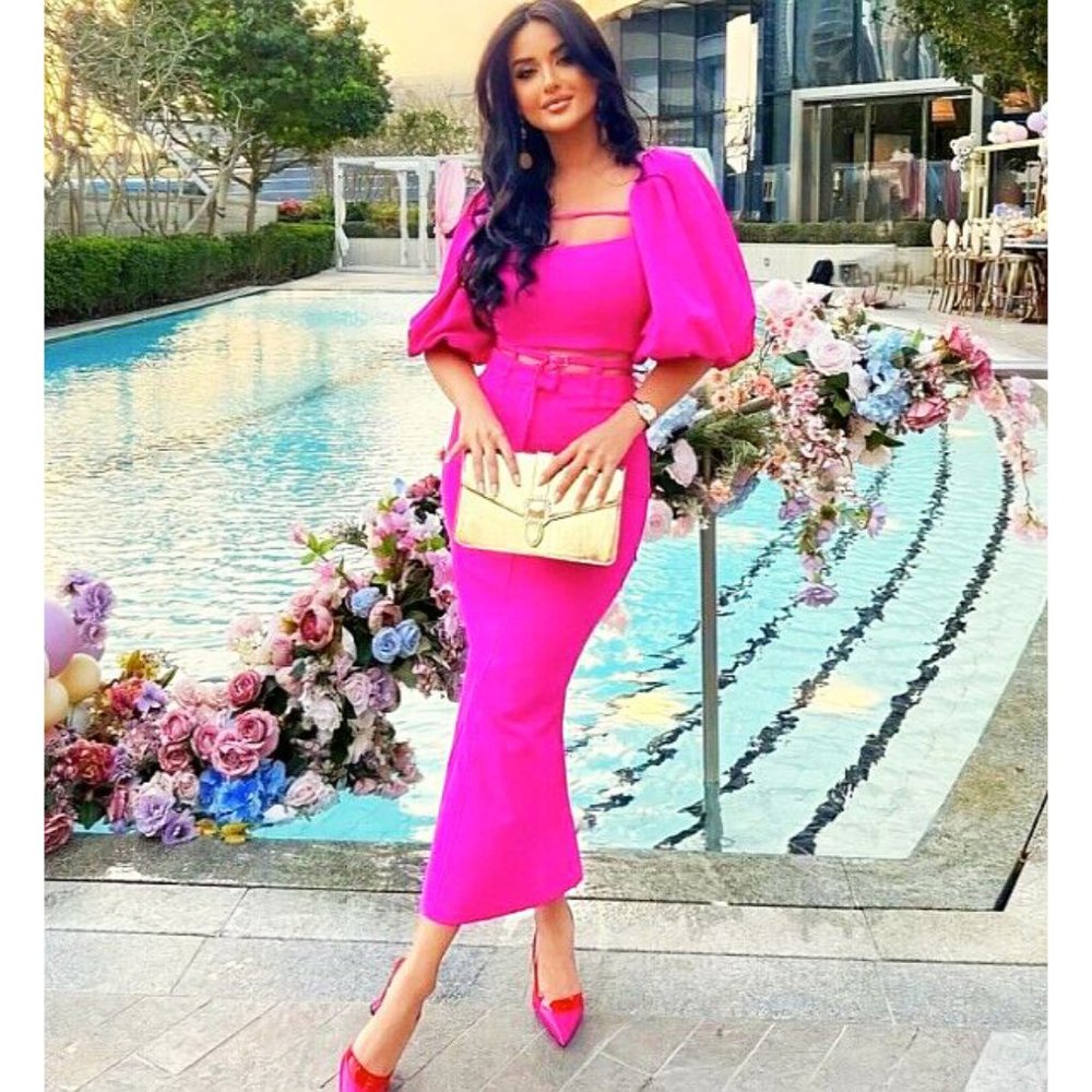 BUNDLE SET Zara Crop Balloon Top Midi Skirt With Belt Fuchsia Hot Barbie Pink XS